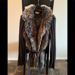 Joseph A. Faux Fur Belted Sweater